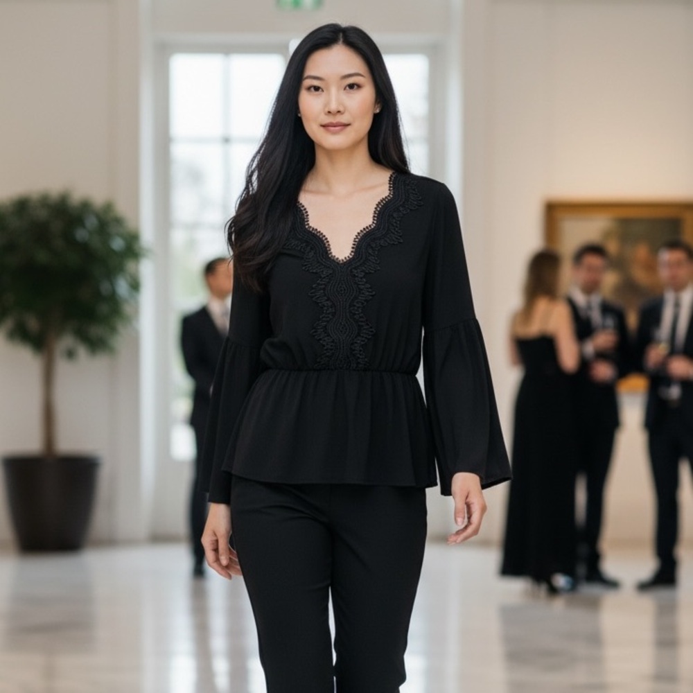 Elegant Black  Blouse with black lace trim on front